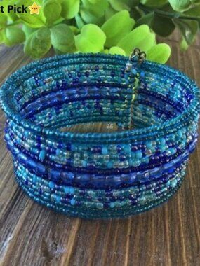Multi‑Strand Seed Bead Open Cuff Bracelet – Shades of Blue & Gray